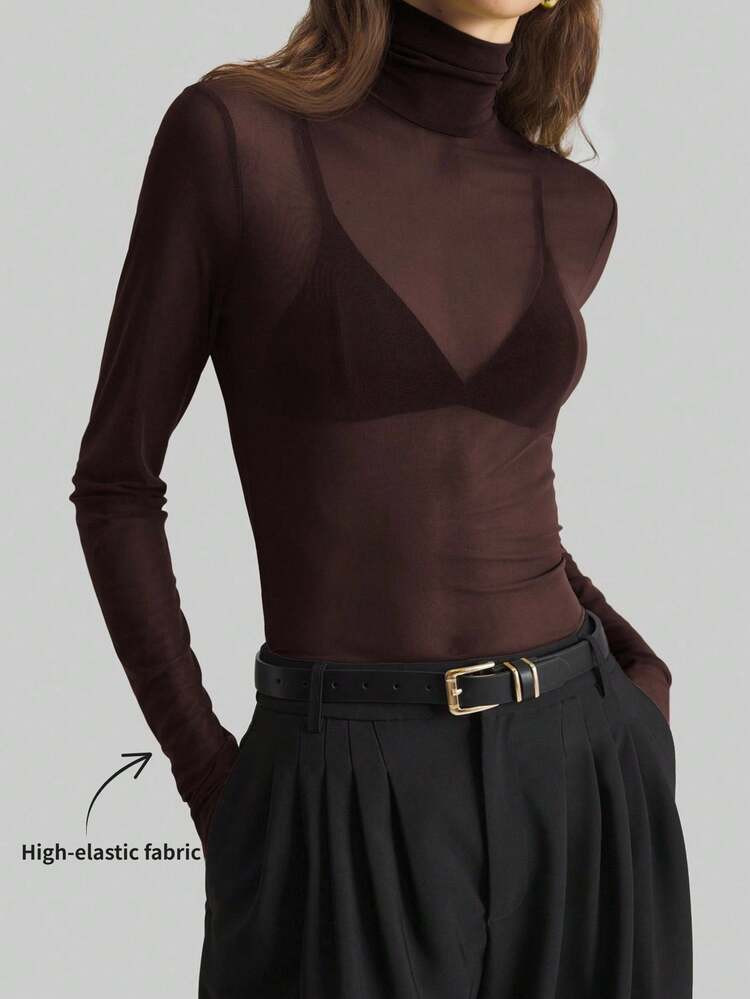 Ontre 2026SS Stockholm Style, Women's Teacher Outfit, Summer Wear - High Collar Turtleneck Knit Top, Elegant Summer Blouse, Mesh Long Sleeve Shirt, Business Casual Women's Basic Top. Khaki | SHEIN