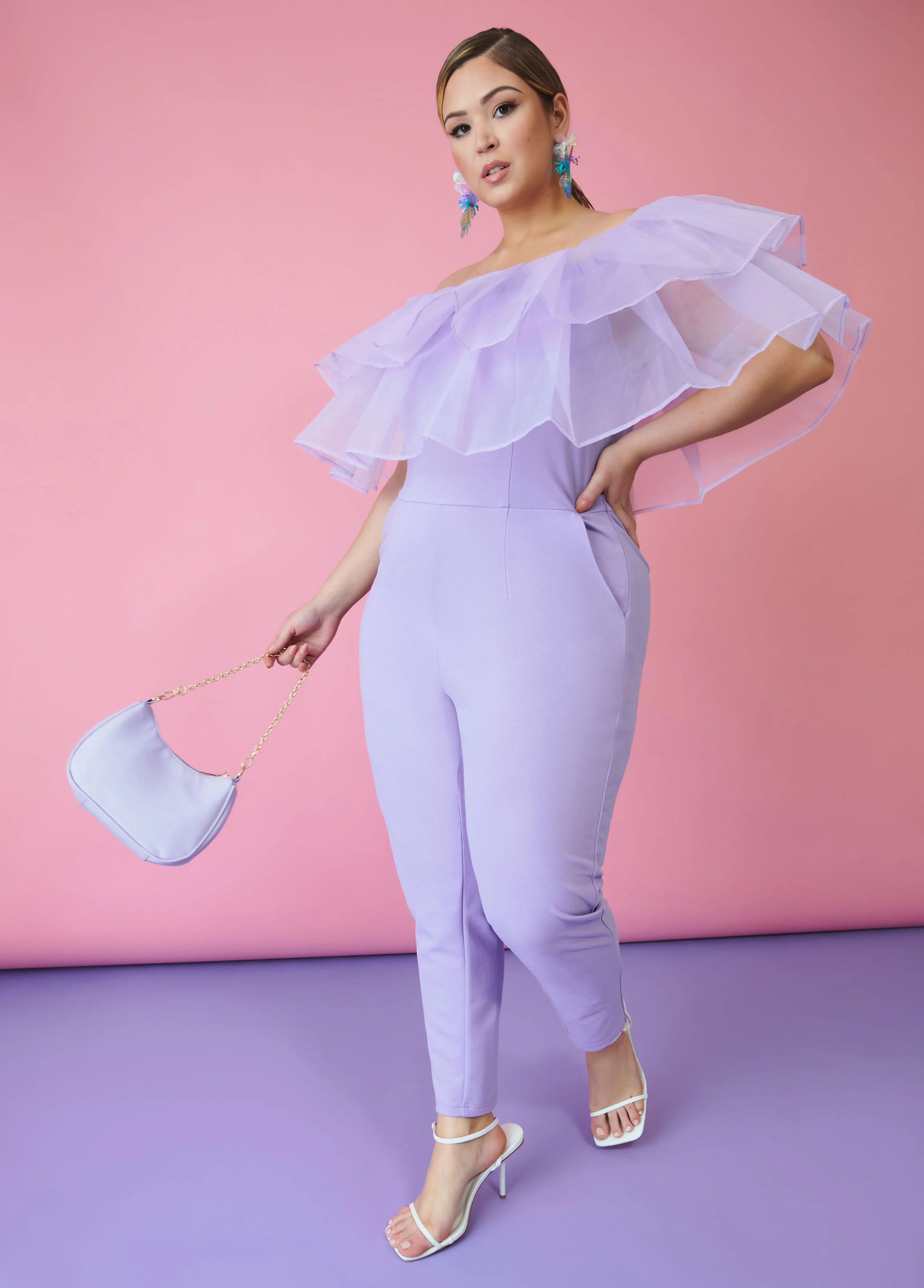 Off The Shoulder Ruffled Jumpsuit | Ashley Stewart