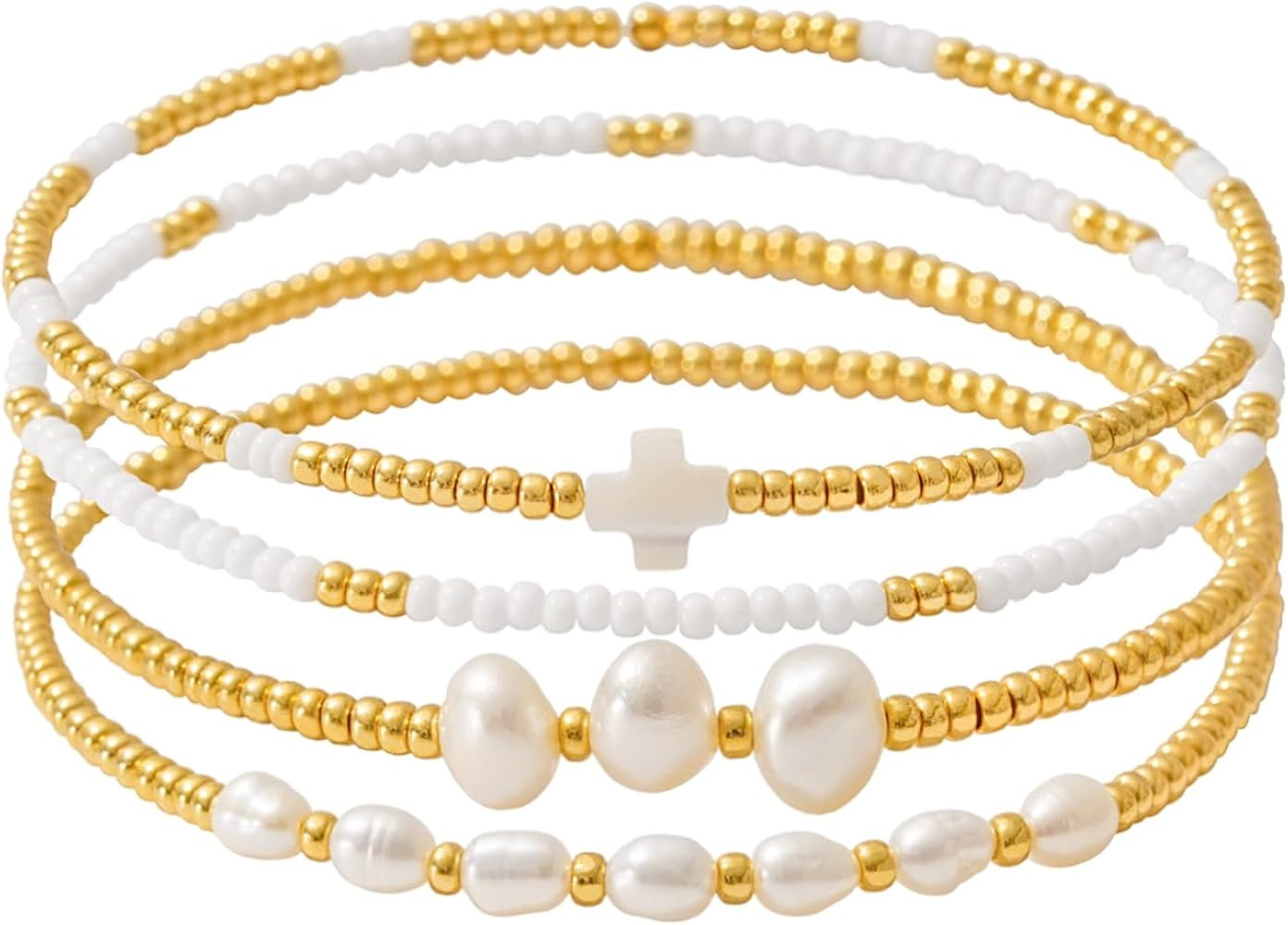 Dainty Gold Pearl Crystal Beaded Bracelets Set for Women 14K Real Gold Plated Bead Pearl Crystal ... | Amazon (US)