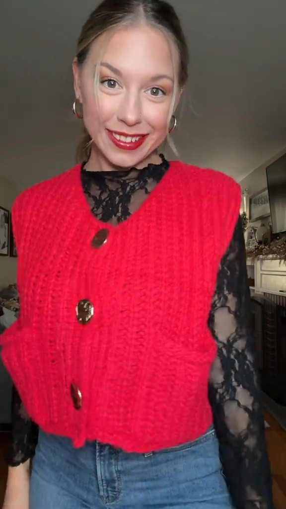 Loving this lace layering top with this trendy sweater. 
Wearing a size small in both 
5’2 34D 130lbs 

#LTKFindsUnder50 #LTKStyleTip #LTKSeasonal