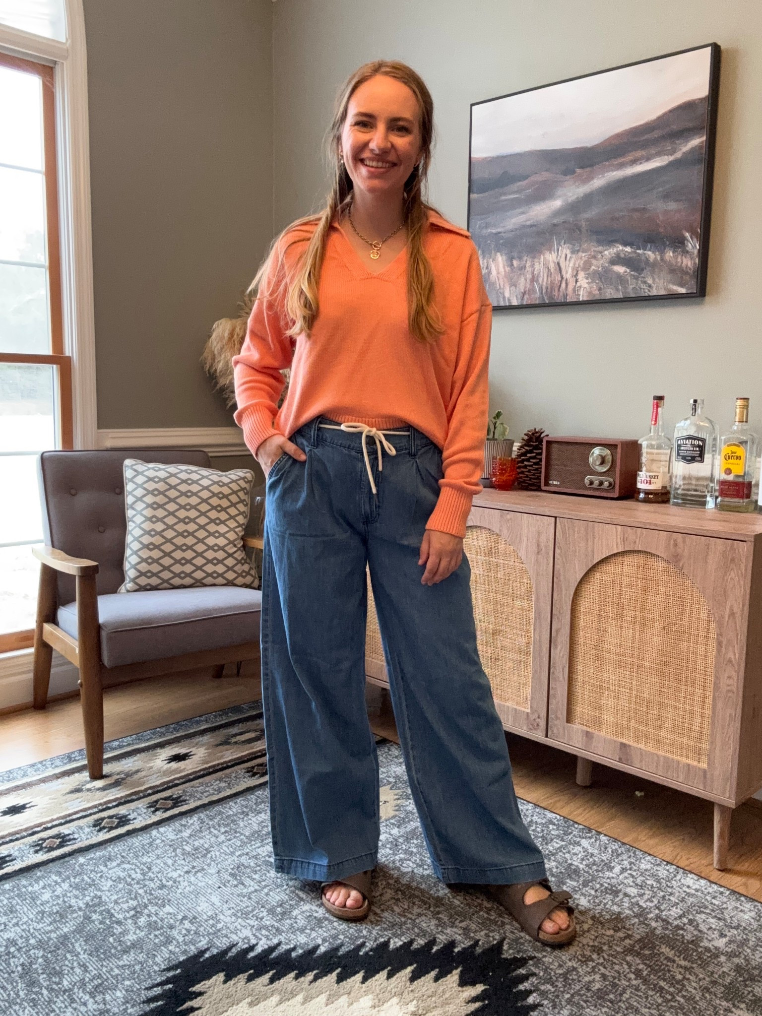 Old navy for the win with this cute comfy casual outfit idea for spring! Wide leg stretch band waist jeans are comfy and true to size! I love this sweater collar too for spring too! 

#LTKMidsize #LTKSaleAlert #LTKFindsUnder50