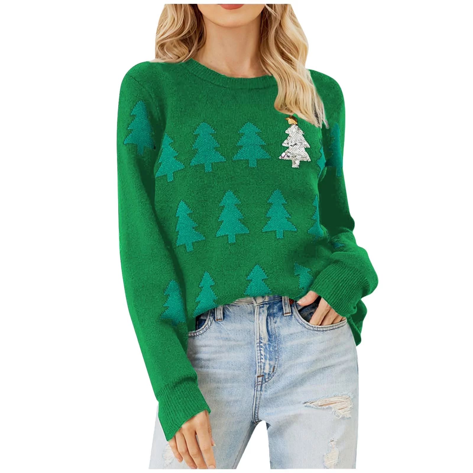 BLVB Christmas Sweater for Women Christmas Tree Graphic Long Sleeve Crewneck Knitted Tops Pullove... | Walmart (US)