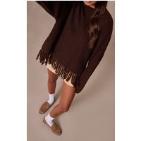 Chocolate Round Neck Fringe Hem Oversized Sweater | PrettyLittleThing US