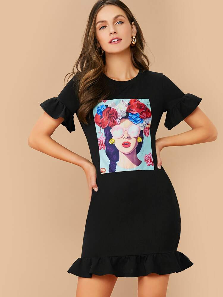 Woman Graphic Ruffled Mini Dress | ROMWE