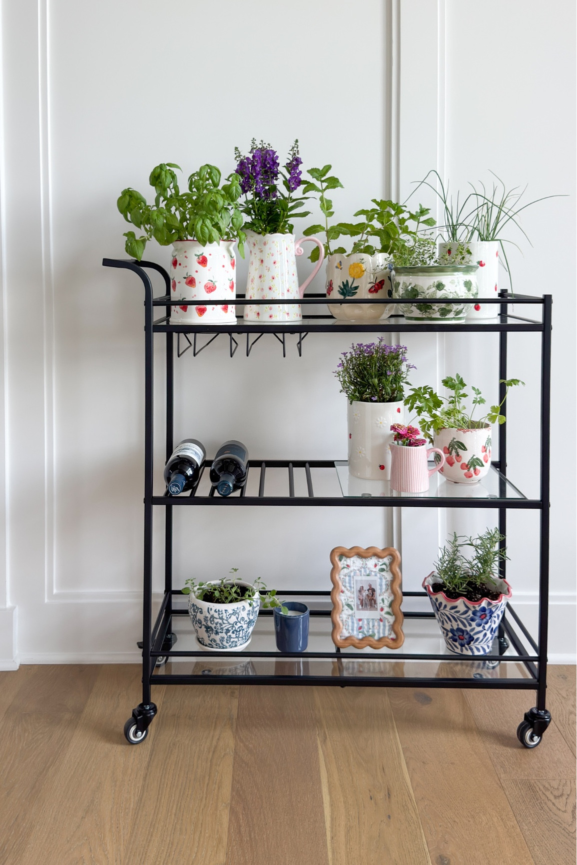 My garden bar cart🪴 I put all of my herbs in little planters that I collected locally, it's so fun to have this right off the kitchen! As they grow I will most likely have to move them outside, but for now it's a fun and cute project!

Bar cart is affordable from amazon and the vases are from Homegoods, Hobby Lobby, and local plant stores!
amazon, home decor, home finds, bar cart decor, plants
