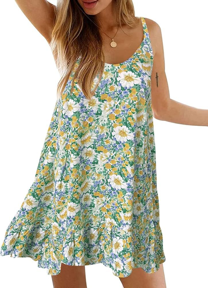 Qearal Womens Boho Floral Printed Dress Summer Sleeveless Adjustable Strap Beach Mini Dress with ... | Amazon (US)