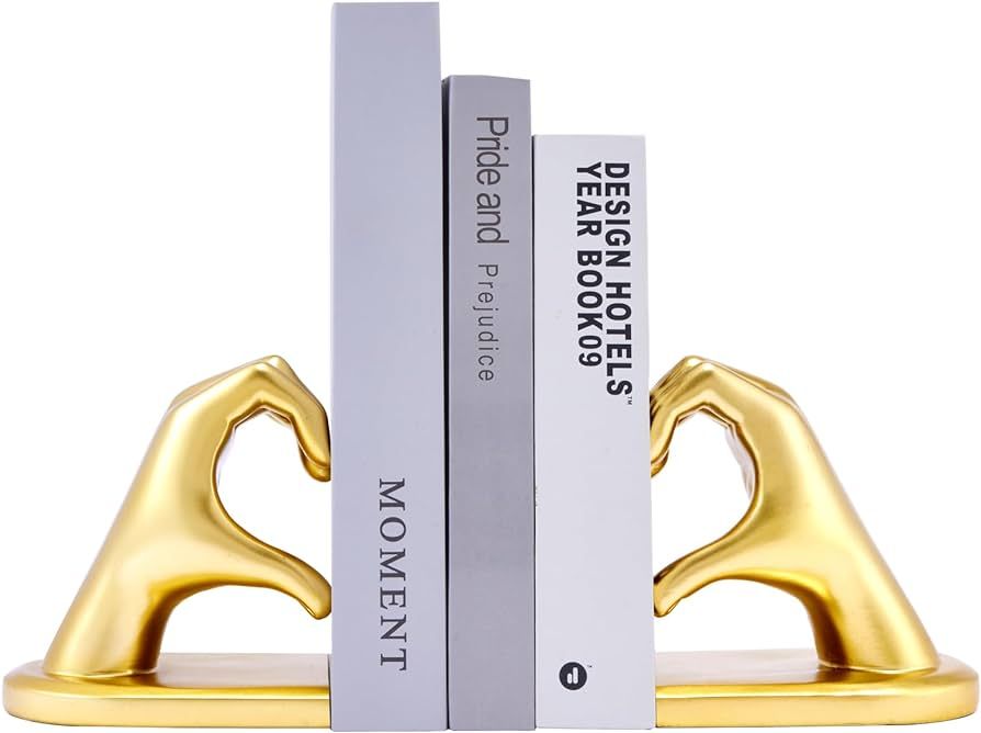 Xmeden Gold bookends, Heavy Duty Bookend Holder Decor, Golden Finger Heart Shaped Decor, Modern A... | Amazon (US)