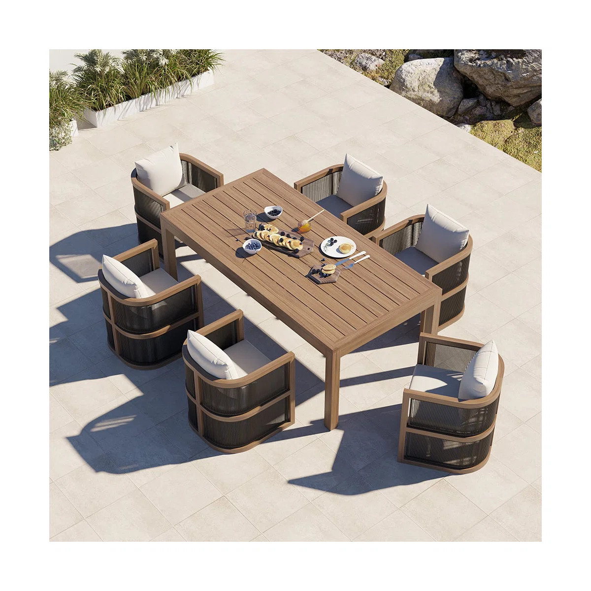 7 Pieces Outdoor Dining Set For 6 With Rectangle Table & Rope Woven Armchair In Natural | Wayfair North America