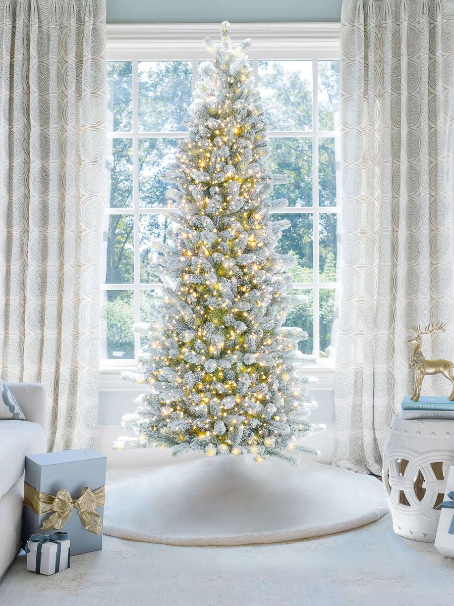 9' King Flock® Slim Artificial Christmas Tree with 700 Warm White LED Lights | King of Christmas