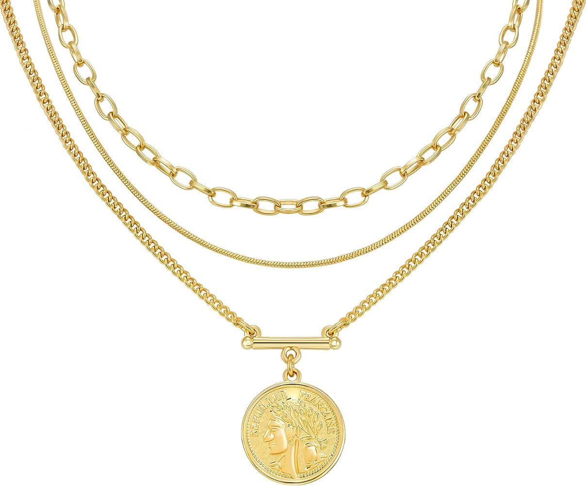 LANE WOODS Layered 18k Gold Plated Necklaces for Women - Multilayer Coin Medallion Pendant Necklace  | Amazon (US)