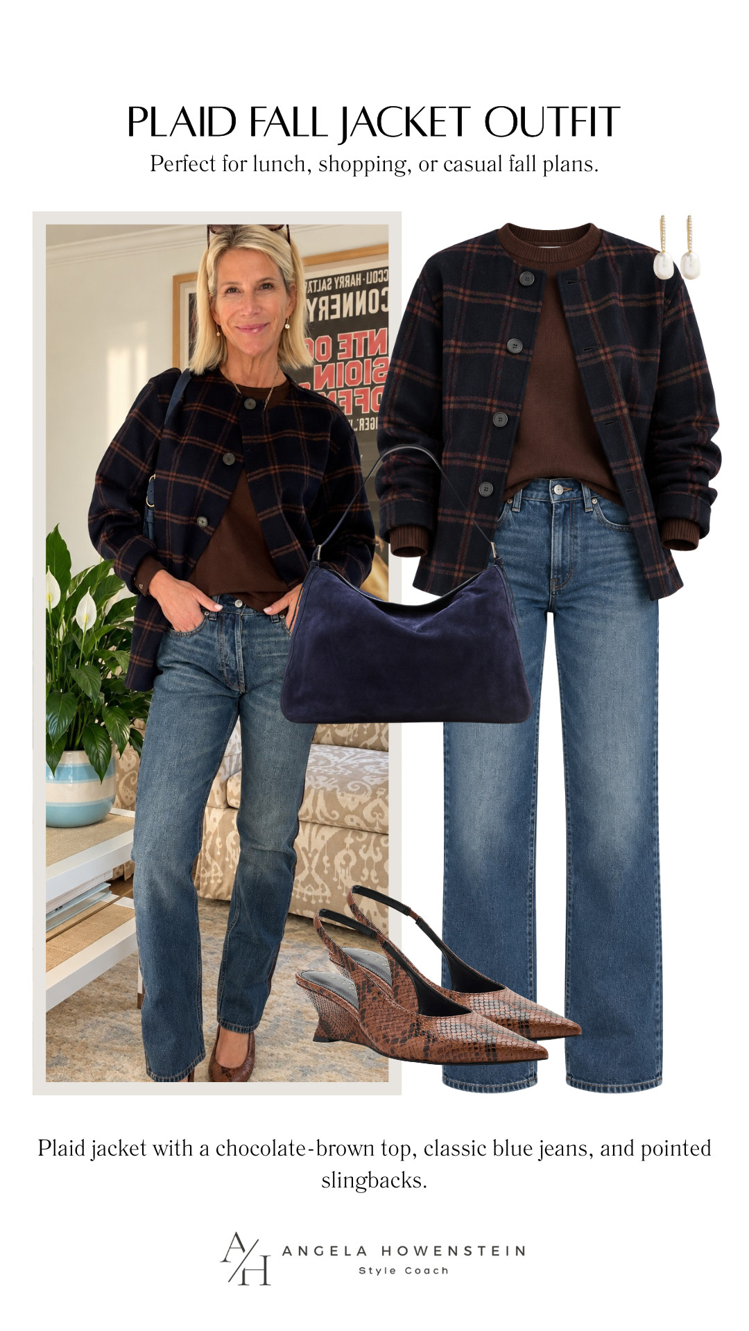 This plaid jacket is such a good fall layer!  I love it with a chocolate-brown top, classic blue jeans, and pointed slingbacks. 

You can wear this outfit for lunch, shopping, errands, or a casual dinner.

👩‍💻 LTK PRO TIPS
❤️ Heart = Support my posts ;-)
🔖 Save = Get sale & restock alerts for the things you love!
📋 Lists = Keep favorites organized (List ideas: Christmas, Birthdays, and Vacations!)
📲 Share = Send lists and products to a friend (or your daughters like me).
💬 Comment = Ask me anything, and I’ll answer. ;-) 

 #LTKootd #LTKSeasonal #LTKOver40