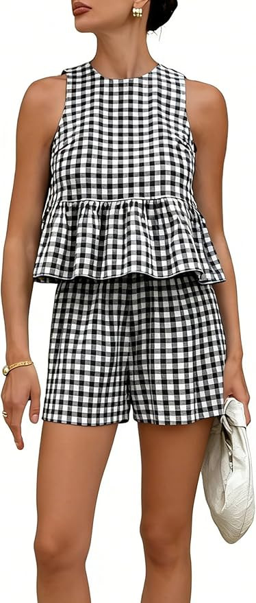 QIBABU Womens 2 Piece Outfits Summer Gingham Plaid Peplum Tank Tops High Waist Shorts Casual Cott... | Amazon (US)