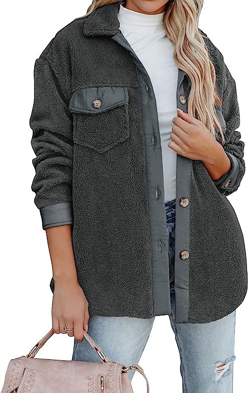 ZESICA Womens Winter Casual Sherpa Fleece Jacket Long Sleeve Button Solid Warm Fuzzy Outwear Coat Po | Amazon (US)