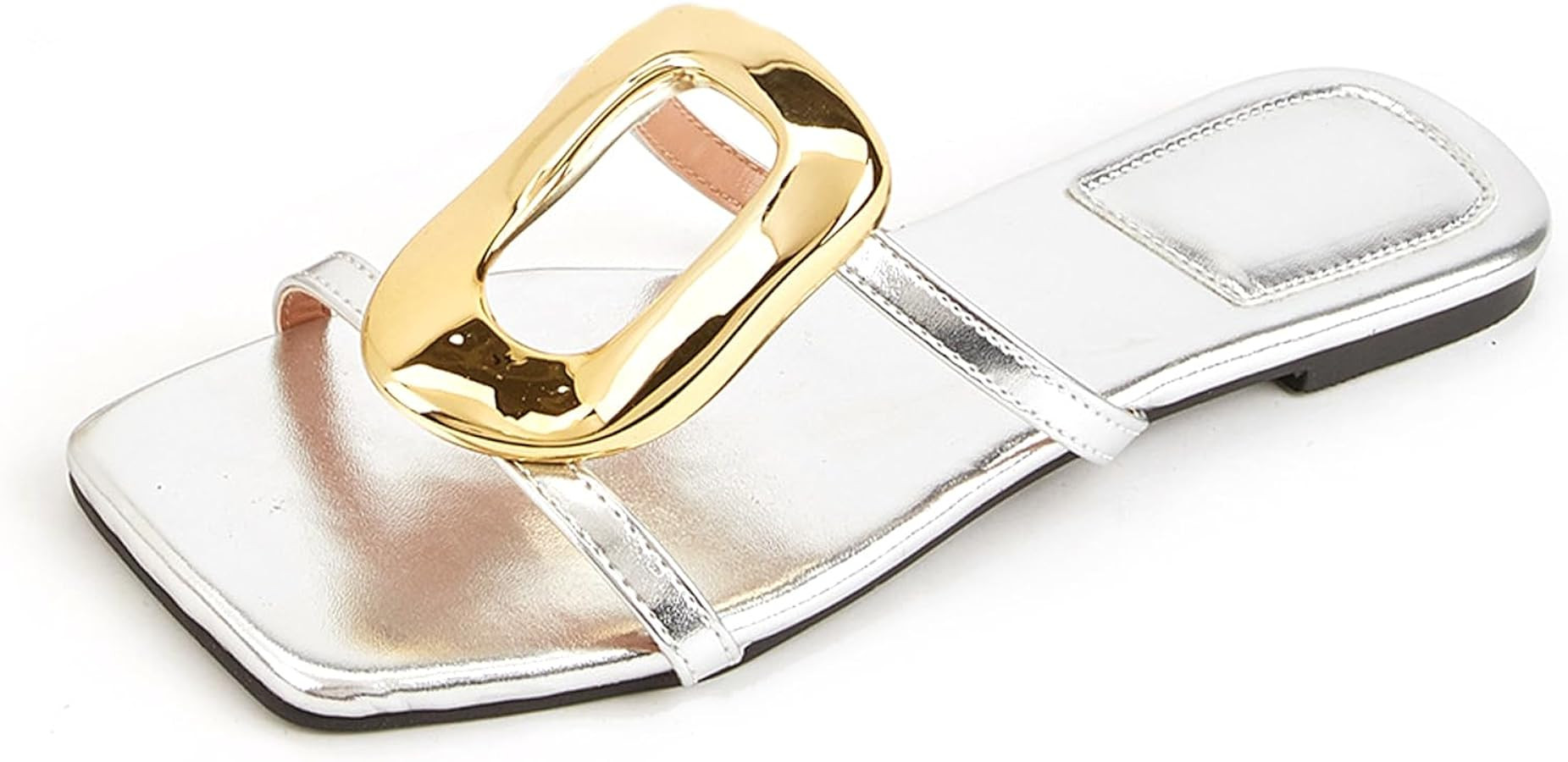 Womens Metal Decoration Flat Slide Sandals Fashion Comfortable Open Square Toe Slip On Mule Sanda... | Amazon (US)