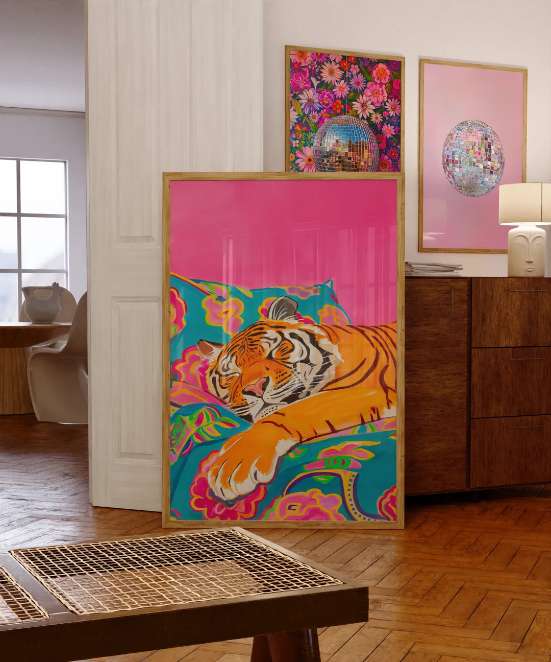 Printable Wall Art, Cute Tiger Vivid Maximalist Oil Painting, Dopamine Animal Pink Poster, Colorf... | Etsy (US)
