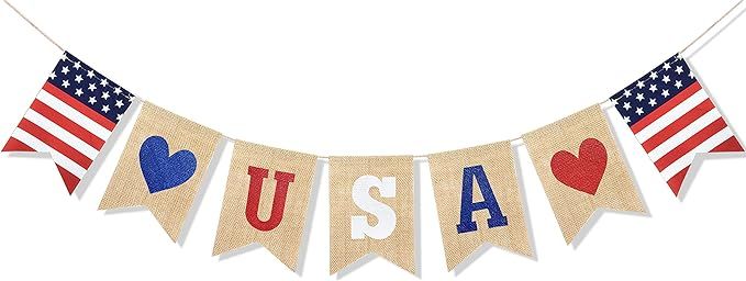 USA Banner Burlap Bunting 4th of July Decorations American Independence Day Celebration Red White... | Amazon (US)