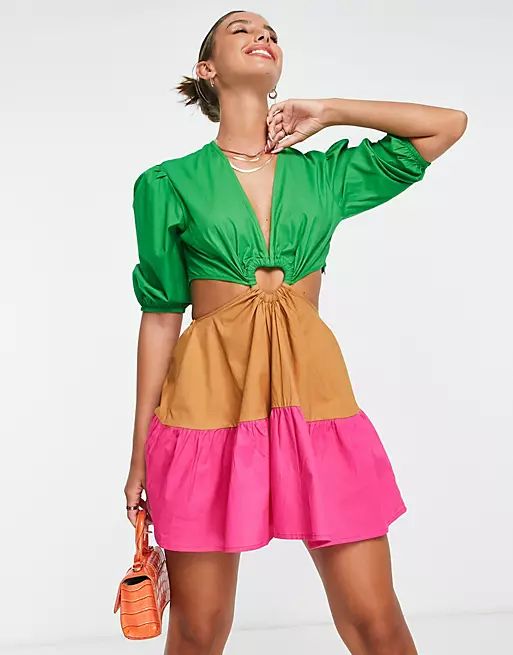 Never Fully Dressed heart cut out mini dress in watermelon colour block | ASOS (Global)