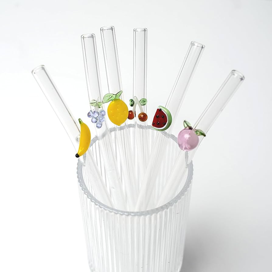 Glass Straws Shatter Resistant with Fruit Charms - Reusable, Cute, Short, Clear Glass Straws for ... | Amazon (US)