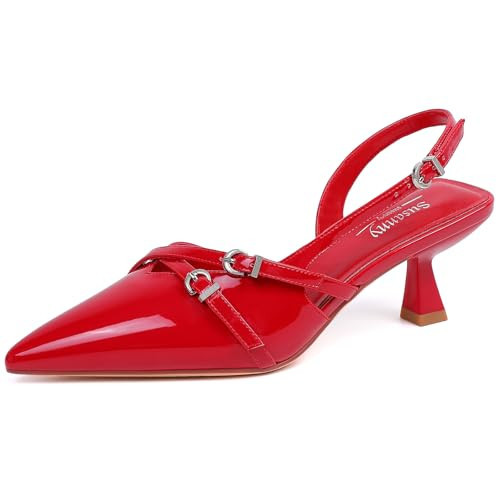 Susanny Red Kitten Heels for Women Pointed Closed Toe Pumps Comfort Sling Back High Heels Sexy Strappy Buckle Dress Wedding Bridal Party Low Heel Shoes Size 10 | Amazon (US)