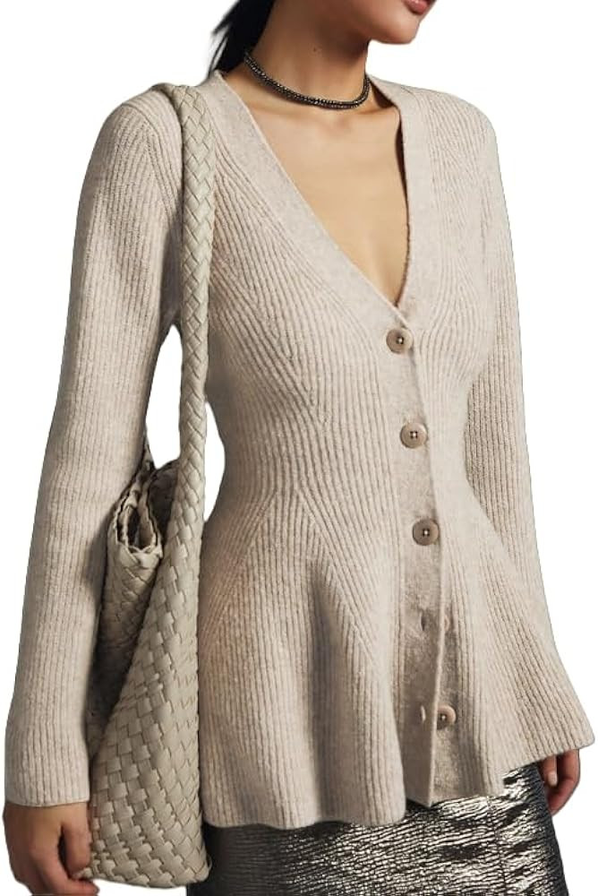 Womens Button Down Peplum Sweater Cardigan Long Sleeve Slim Fit V Neck Lightweight Ribbed Knit To... | Amazon (US)