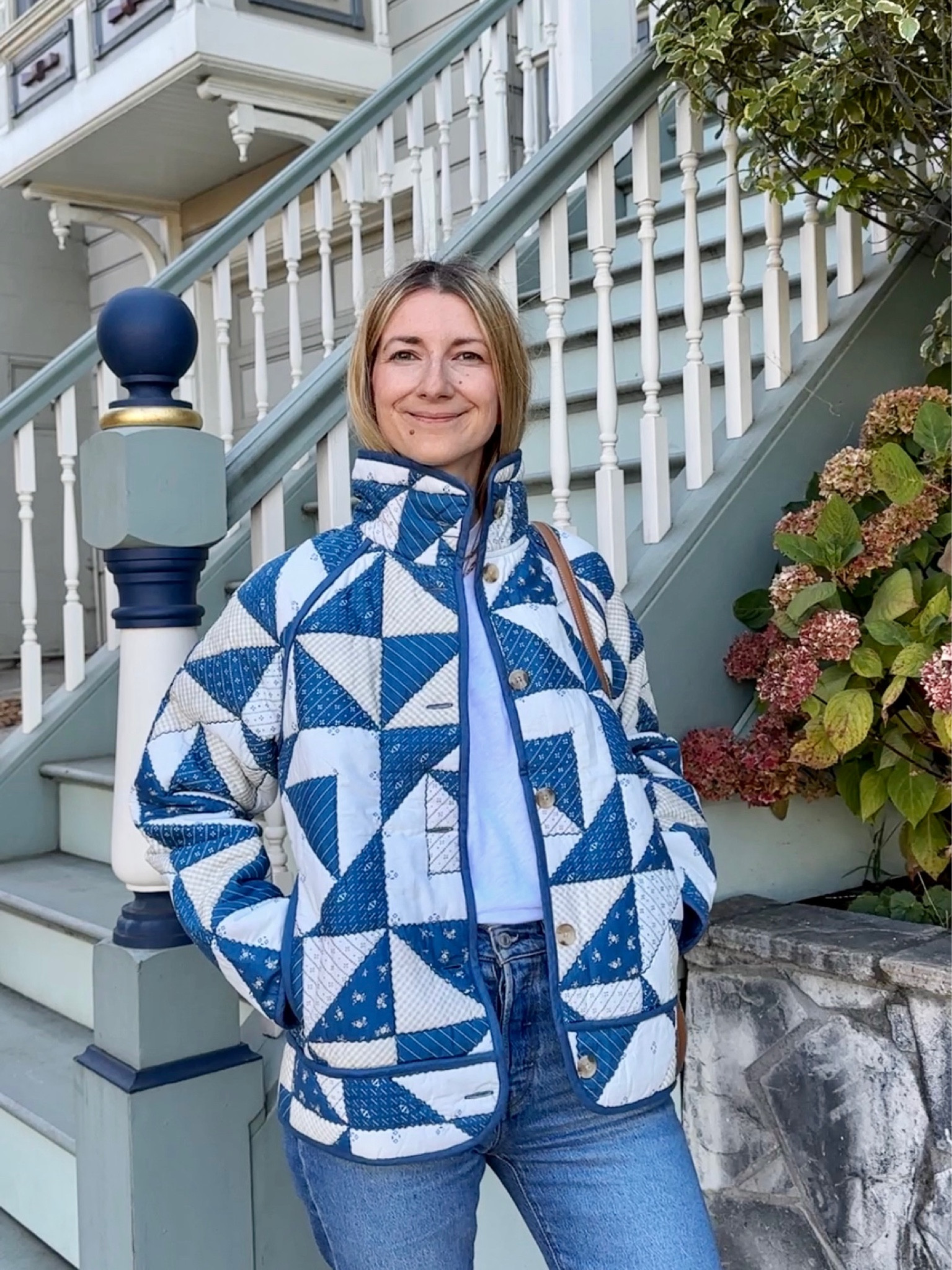Patchwork jacket in blue and beige. Fun everyday piece that can easily be styled different ways 