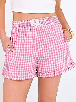 ANRABESS Boxer Shorts for Women,Gingham Plaid Elastic Waist Ruffle,Perfect for Lounge,Pajama&Slee... | Amazon (US)