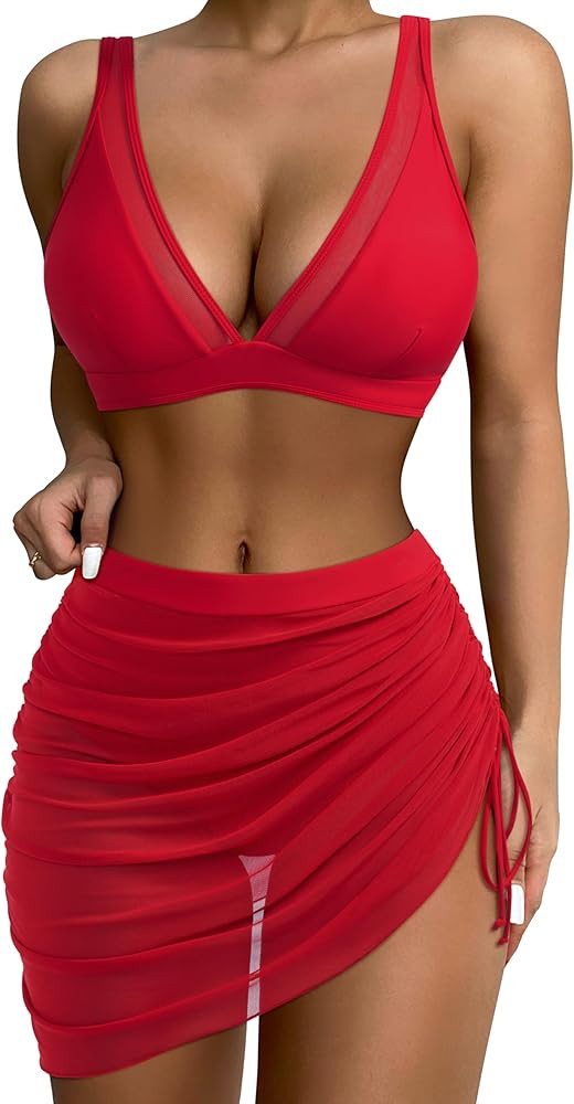 SUUKSESS Womens Swim Skirt High Waisted Bikini Sets Sexy Mesh Tummy Control Swimsuit | Amazon (US)