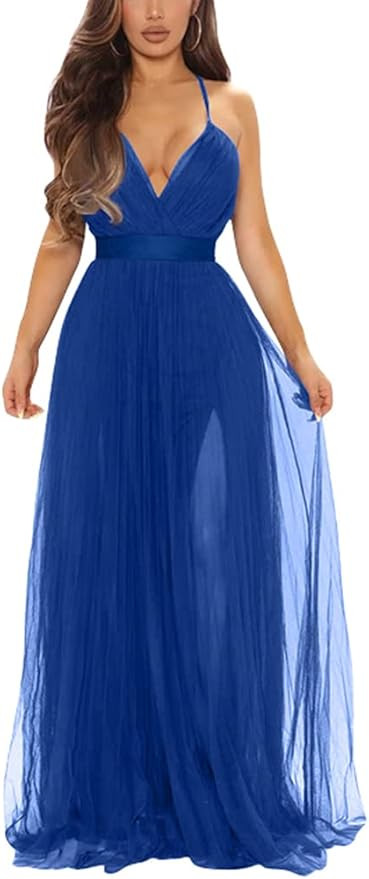 XXTAXN Women's Sexy Deep V Neck Split Cocktail Party Formal Bridesmaid Maxi Dress | Amazon (US)