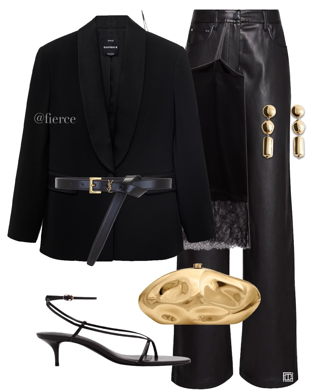 black velvet blazer black leather trousers gold clutch bag black minimalistic  heeled sandals ysl long black belt statement gold earrings satin lace top party wear nye outfit date night 

#LTKdatenight #LTKpartywear #LTKuk
