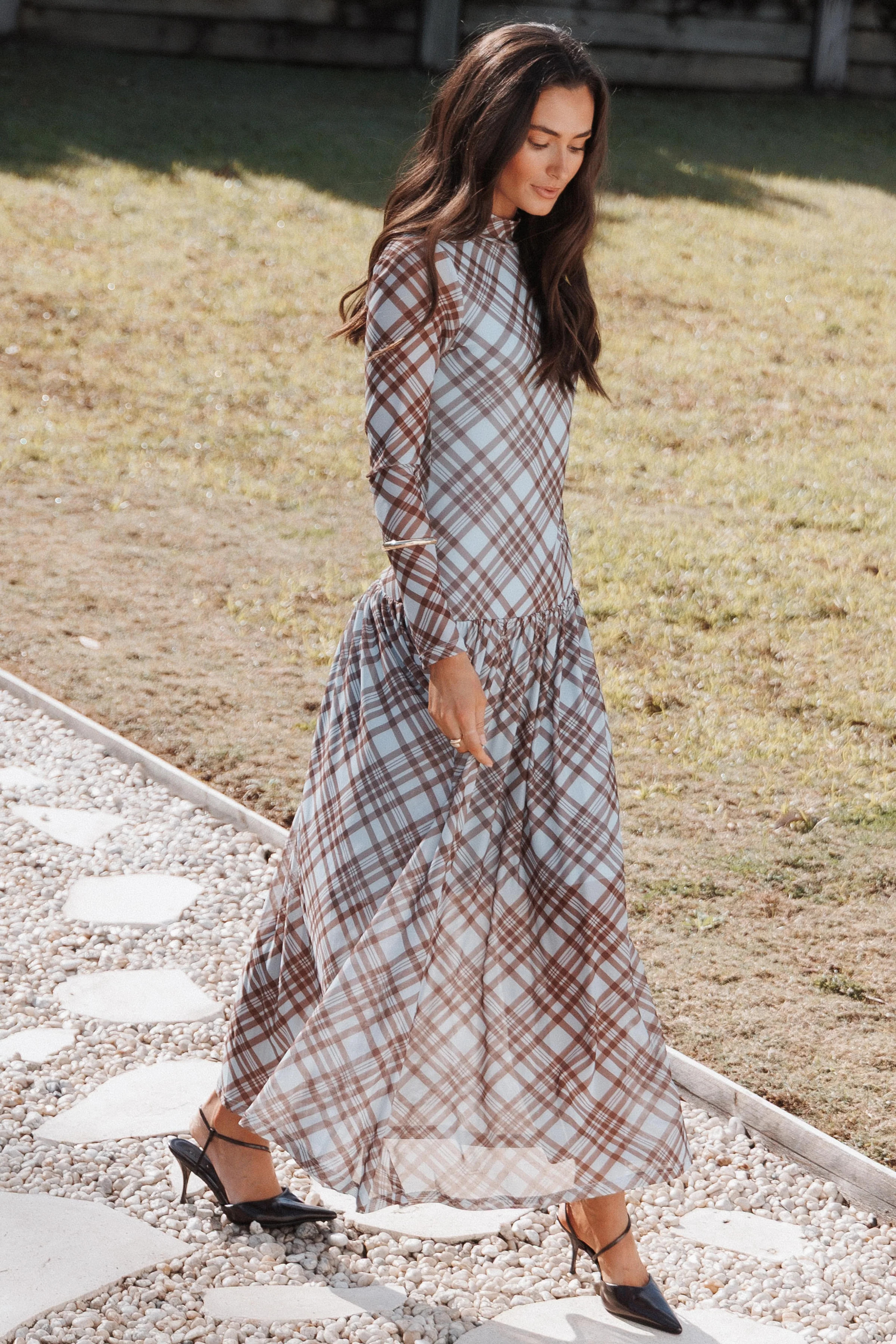 Odilia Long Sleeve Mesh Maxi Dress - Blue Plaid | Petal & Pup (US)