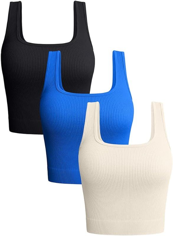 OQQ Women's 3 Piece Tank Tops Ribbed Seamless Workout Exercise Shirts Yoga Crop Tops | Amazon (US)