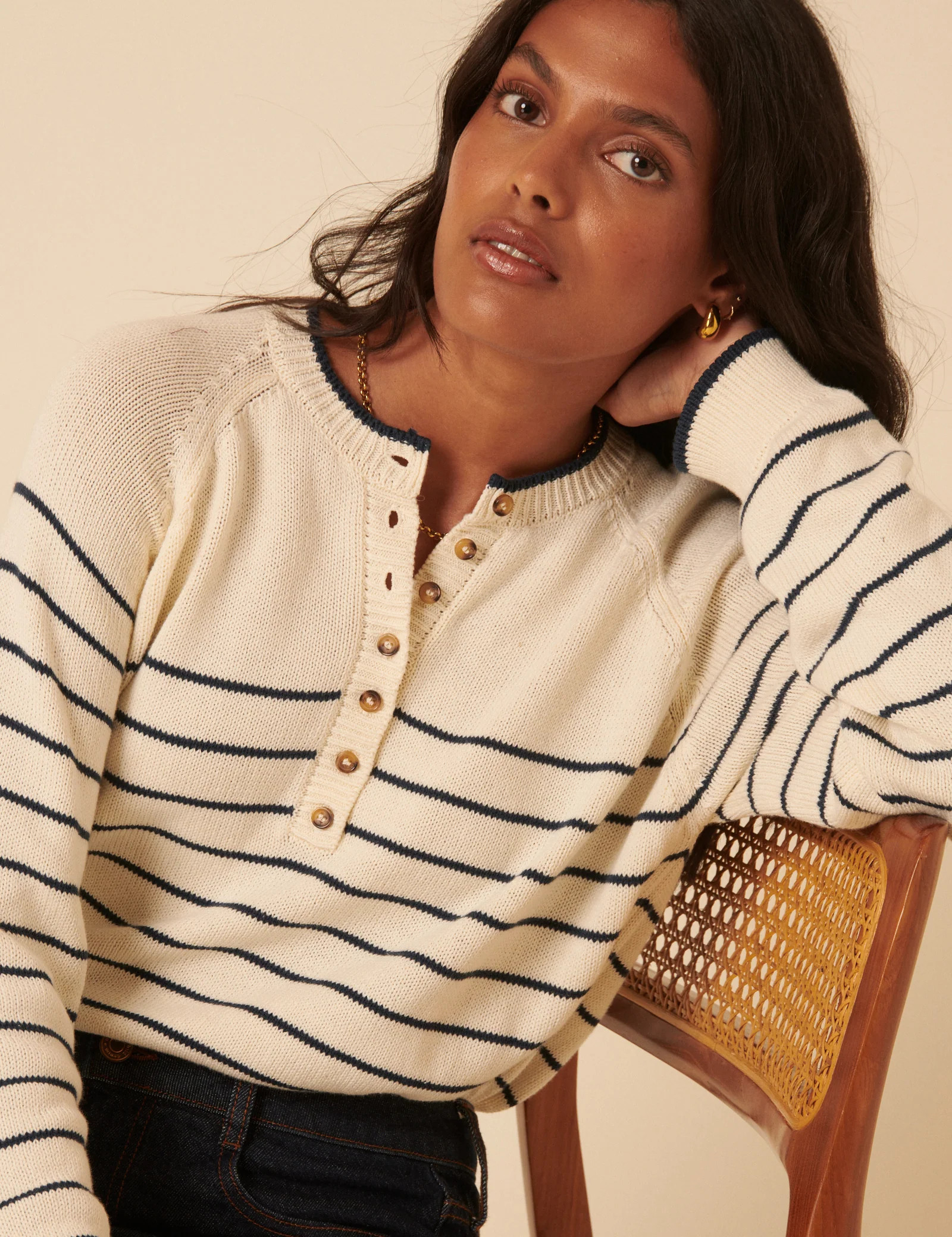 Cream Knitted Striped Henley Jumper | Nobody's Child