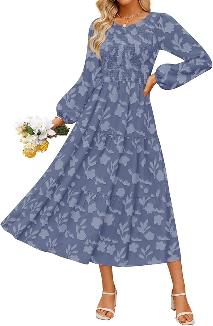 ZESICA Women's Fall Boho Floral Midi Dress 2026 Casual Long Sleeve Crewneck Flowy Wedding Guest L... | Amazon (US)