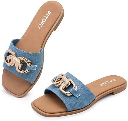 FITORY Women's Flat Sandals Fashion Slides With Soft Leather Slippers for Summer Size 6-11 | Amazon (US)