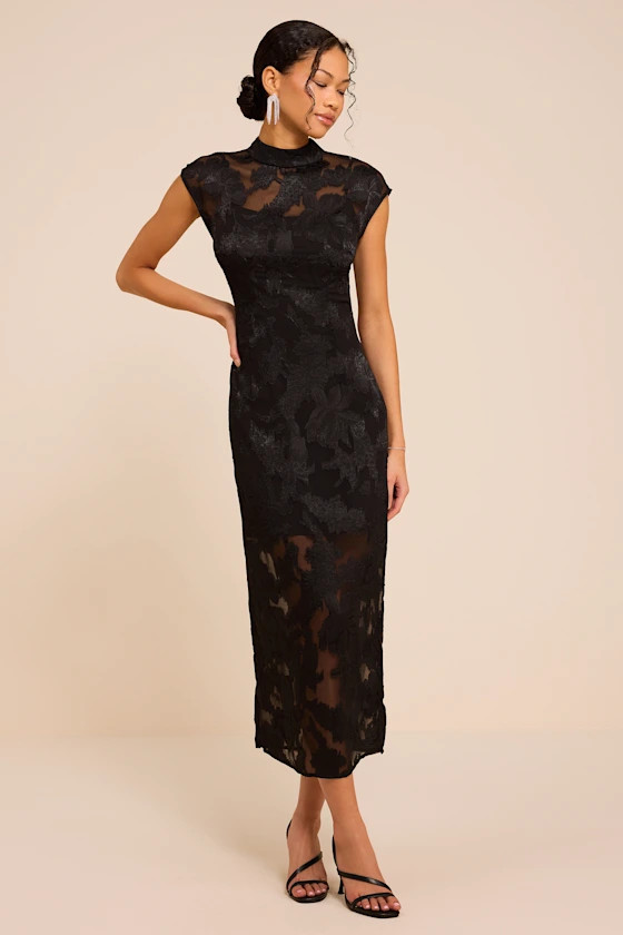 Tensely Black Floral Jacquard Cap Sleeve Midi Dress | Lulus