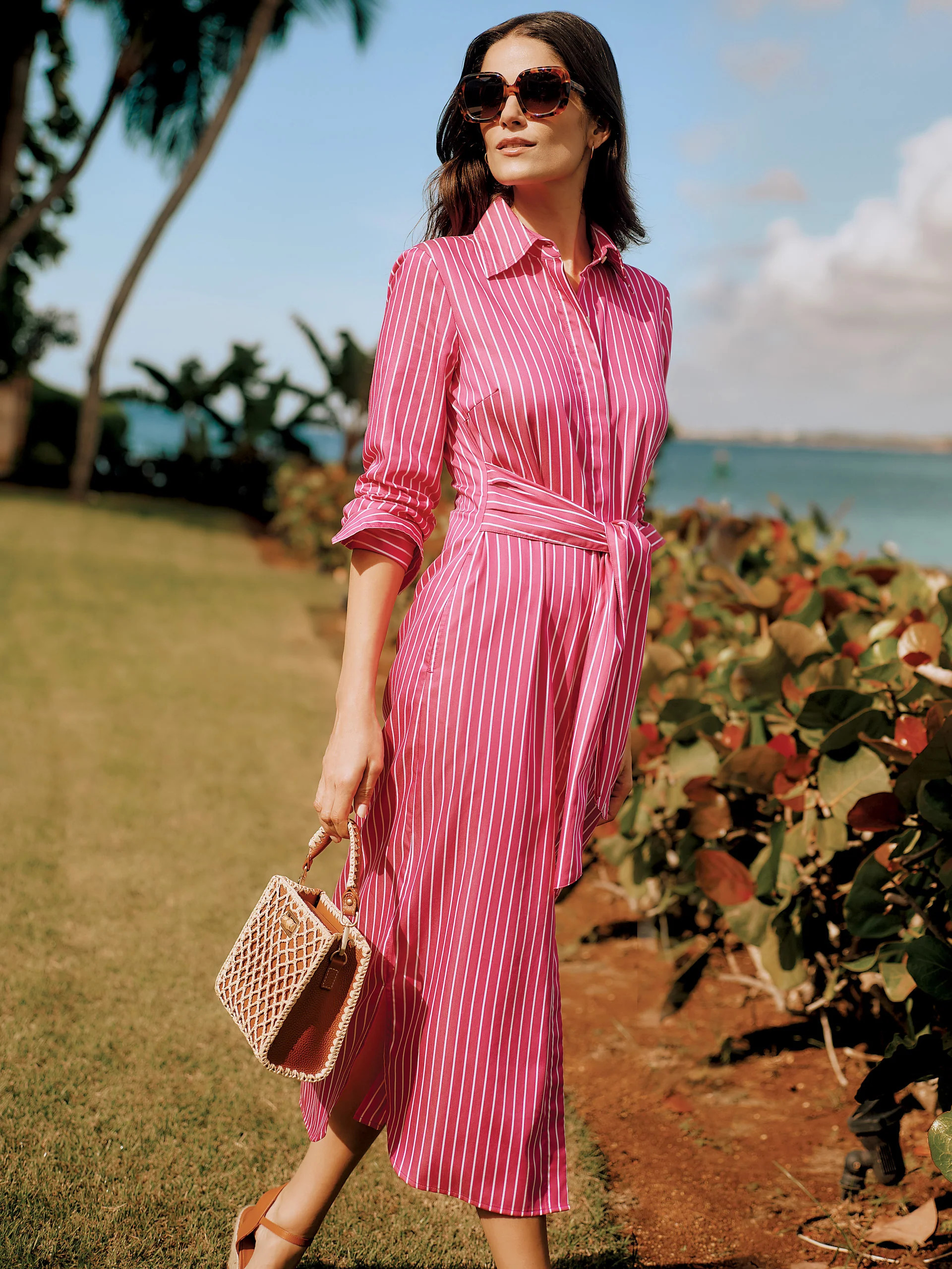 J.McLaughlin Women's Orla Dress in Stripe Hot Pink/White, Size XS | Cotton | J.McLaughlin