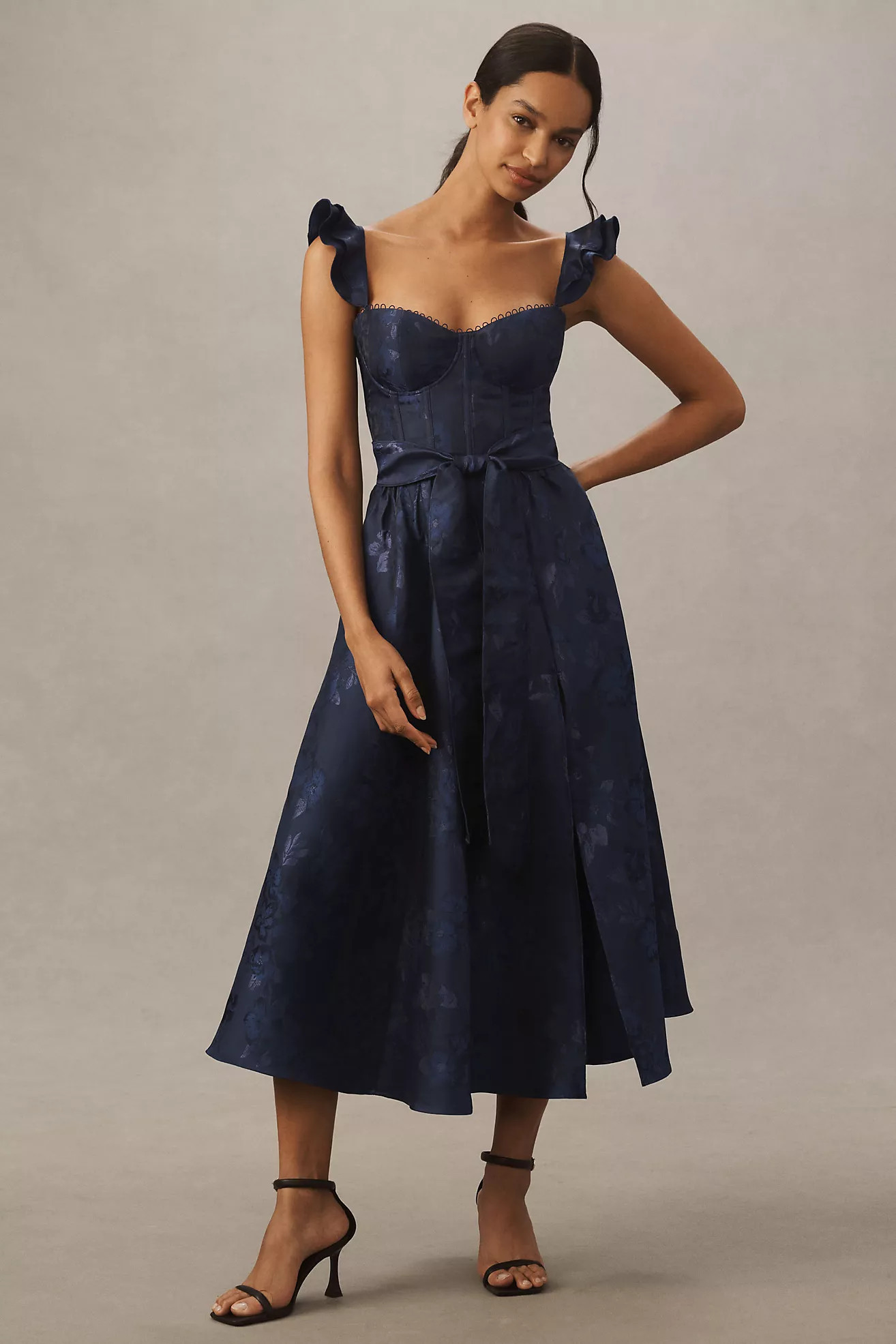 V. Chapman Vera Ruffle-Strap Corset Side-Slit Midi Dress | Anthropologie (US)