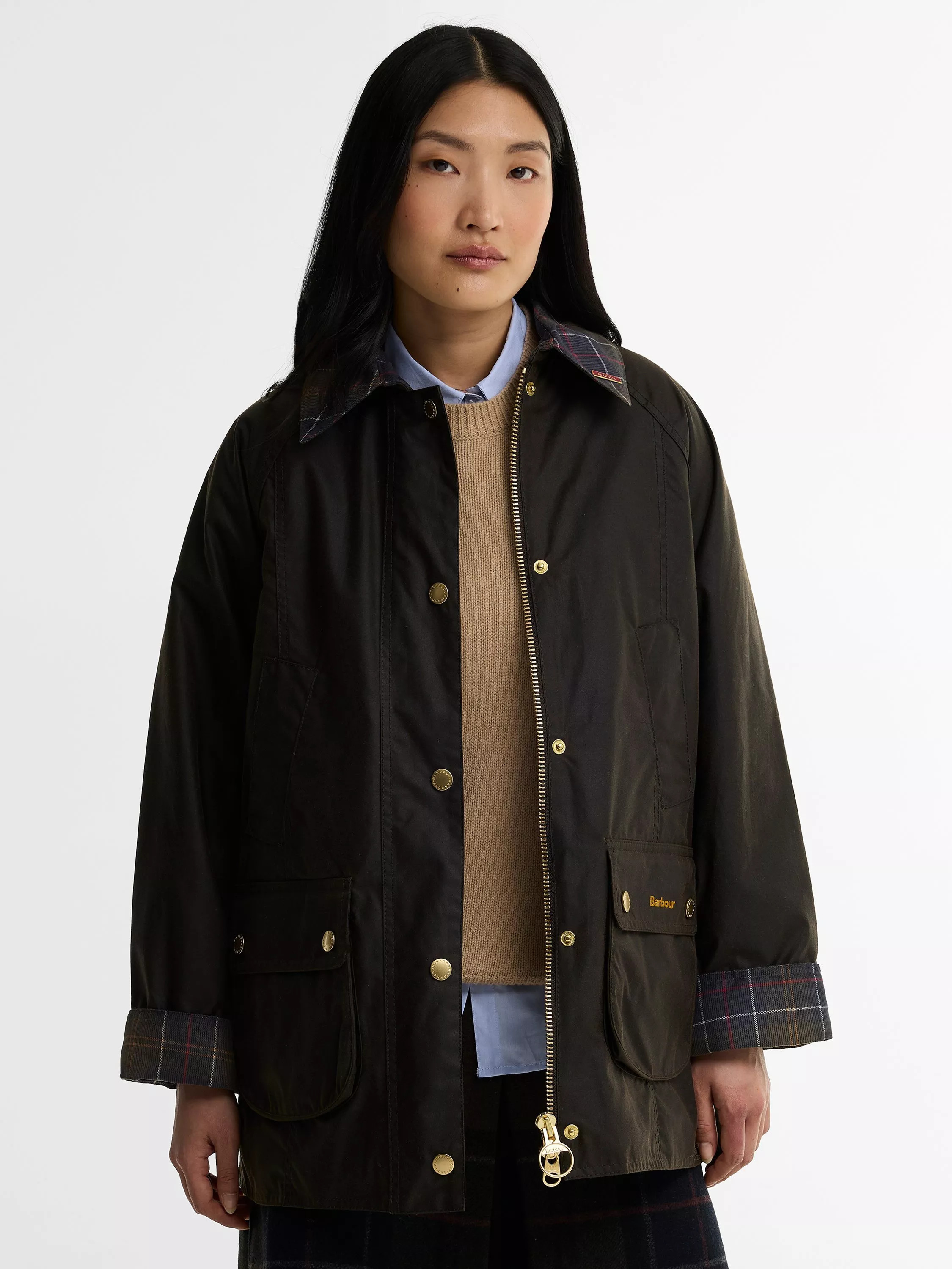 Barbour Icons Tartan Collar Modern Beadnell Wax Jacket, Olive/Classic | John Lewis (UK)