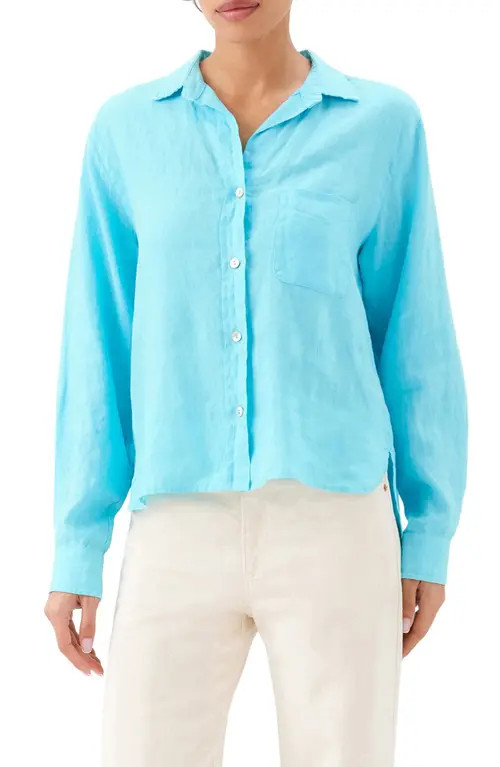 Karen Kane Linen Button-Up Shirt in Aqua at Nordstrom, Size Large | Nordstrom