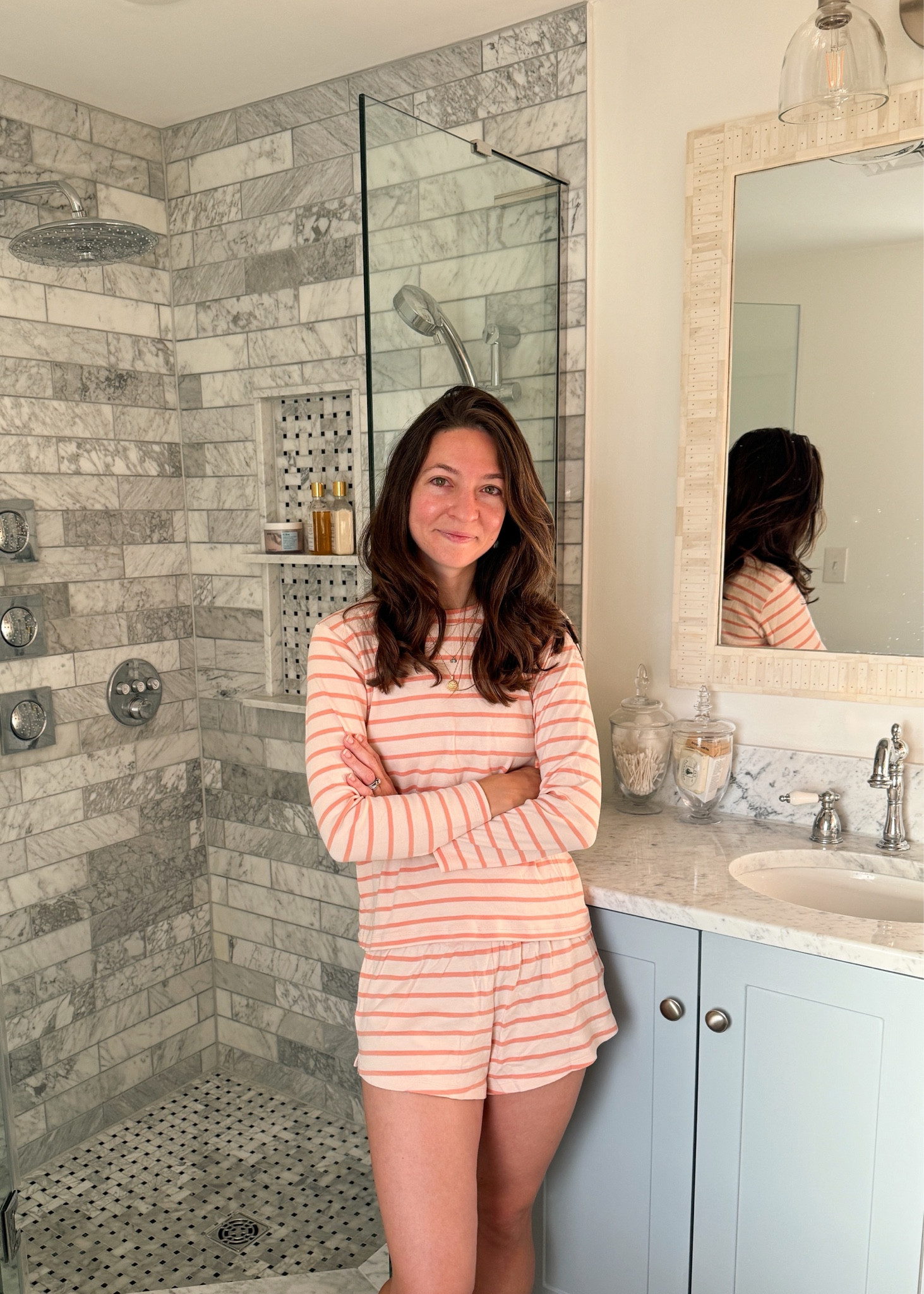 We just remodeled our main bath on the second floor (for the second time in 4 years 🤦🏻‍♀️) because of a mold issue & it’s finally finished! On the plus side, we used the Carrara marble that we originally wanted in the shower & vanity top & got a vanity with cabinets because #life 😂 Seriously, though- it looks so much cleaner with cabinets 🙌 Also, our mirror is on sale today! 

#LTKHome #LTKSaleAlert