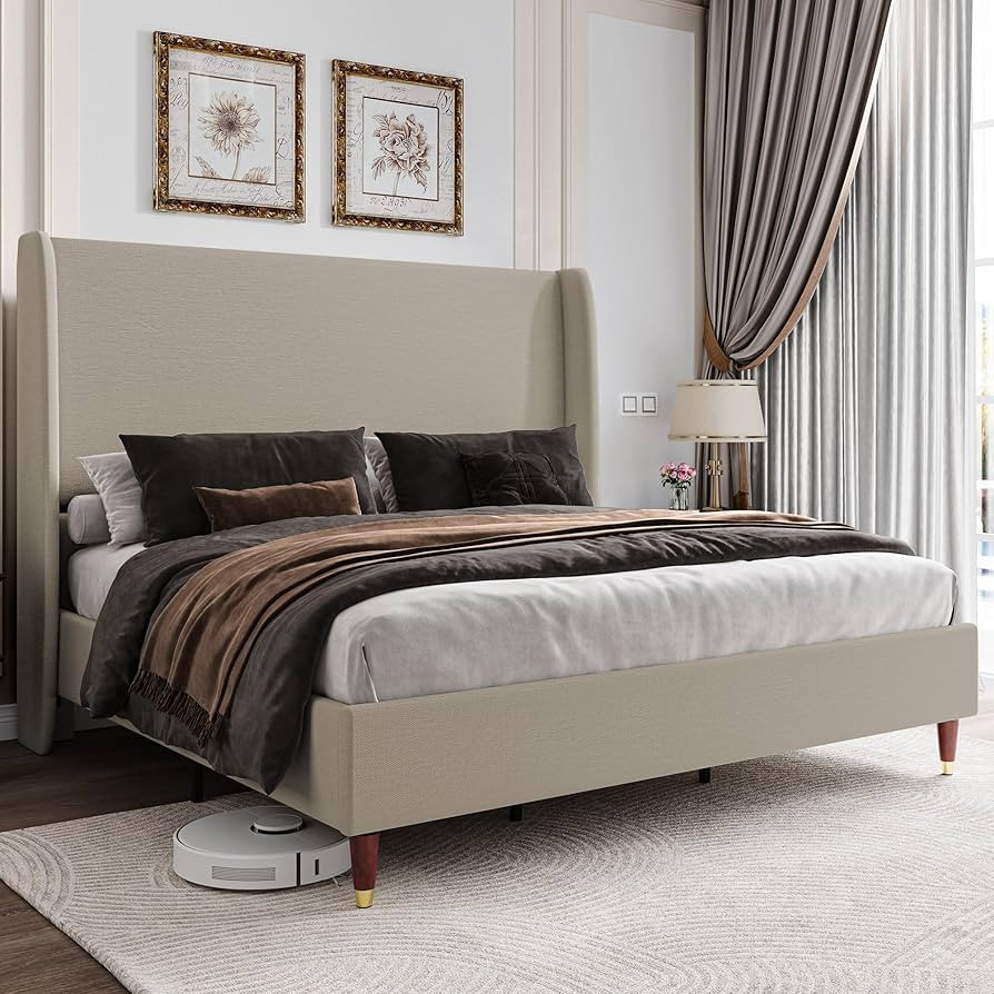 Jocisland 51.2" H Queen Bed Frame Upholstered Bed Platform Bed with Wingback Headboard/No Box Spr... | Amazon (US)