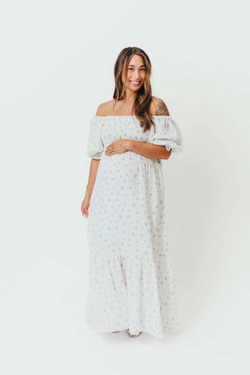 Livvy 100% Cotton Maxi Dress in Off-White / Blue Floral - Bump Friendl | Worth Collective