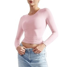 SUUKSESS Women Double Lined Fitted Basic T Shirts Crew Neck Long Sleeve Crop Top | Amazon (US)