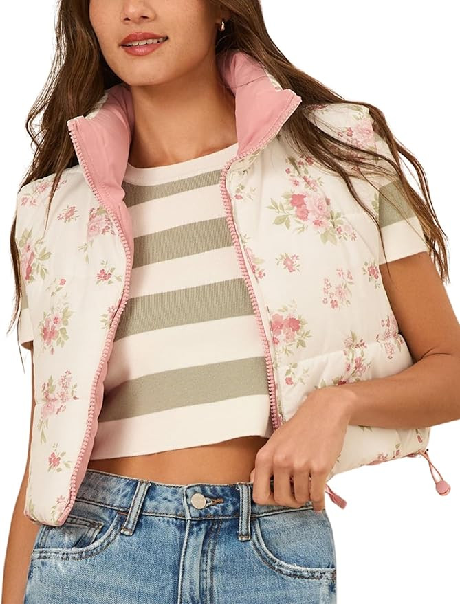 InterNos Womens Cropped Floral Print Puffer Vest Lightweight Stand Collar Zip up Sleeveless Winte... | Amazon (US)