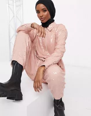 ASOS EDITION sequin shirt & jogger co-ord in pink | ASOS (Global)