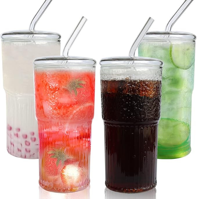 CAYOREPO 4 Packs 20 oz Glass Cups with Lids and Straws, Glass Coffee Tumbler, Tumbler Water Glass... | Amazon (US)