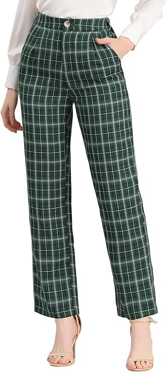 Allegra K Women's Plaid Pants Elastic Waist Casual Work Office Long Trousers | Amazon (US)