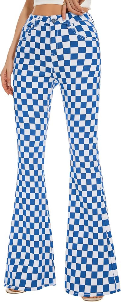 Bell Bottom Jeans for Women High Waisted Stretch Plaid Flare Jeans Denim Bootcut Pants | Amazon (US)