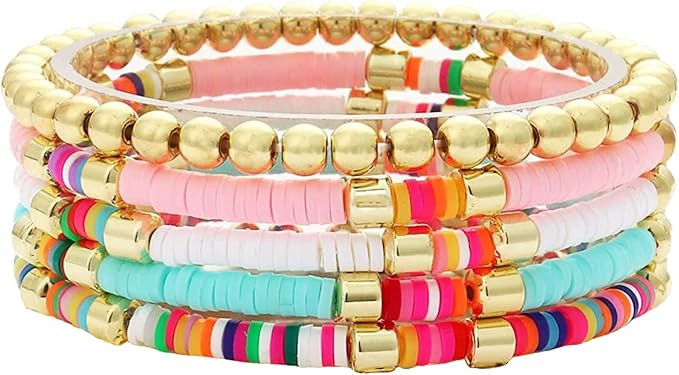 Colorful Beaded Bracelet for Women Heishi Bracelet Set Assorted Gold Bead Stackable Stretch Stran... | Amazon (US)