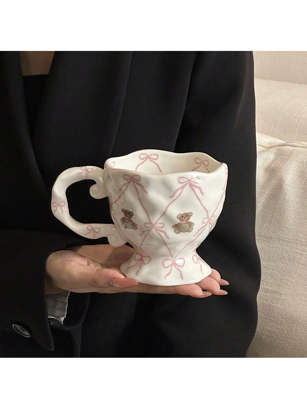 1-Piece Creative Hand-Painted Cute Bear Ceramic Mug With Bow - Personalized Underglaze Color Hous... | SHEIN